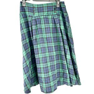 Vintage Plaid Midi Skirt Womens M Blue and Green Flannel Button Detail Pleated
